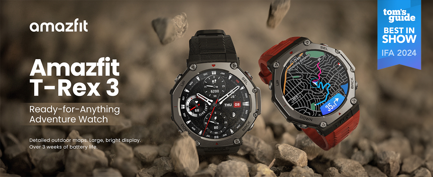 Amazfit T-Rex 3 smartwatch features a bright AMOLED display with 2,000 nits peak brightness, night mode, and glove mode. It's built for adventure with a 316L stainless steel bezel, military-grade body, and water resistance up to 328 feet. Enjoy over 3 weeks of battery life, free maps, advanced GPS with dual-band positioning, and 170+ workout modes with AI training plans. for more info visit Amazfit.