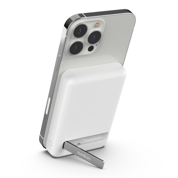Magnetic Wireless Power Bank 5K + Stand delivers a safe 7.5W of wireless charging power to your device without cables or a need to connect to a power source. The fold-out stand offers a convenient and hands-free way to stream or video call while you charge.