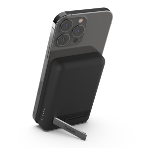 Magnetic Wireless Power Bank 5K + Stand delivers a safe 7.5W of wireless charging power to your device without cables or a need to connect to a power source. The fold-out stand offers a convenient and hands-free way to stream or video call while you charge.