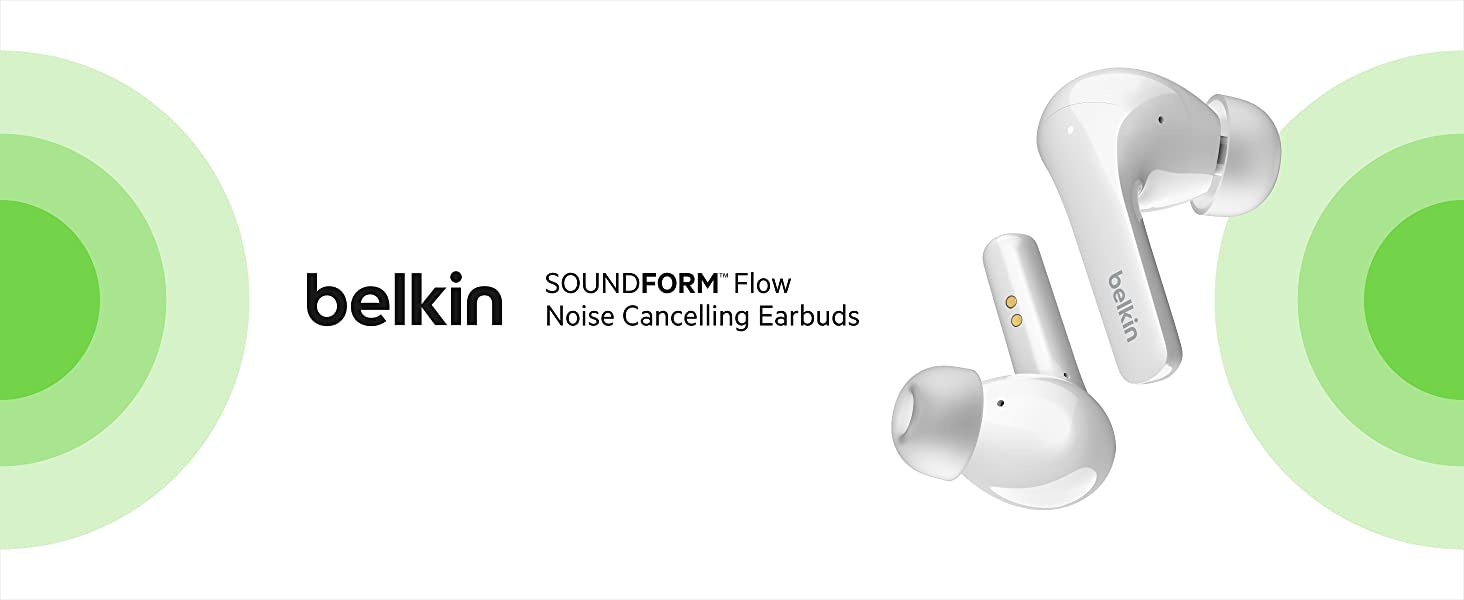 Belkin SoundForm Flow Noise Cancelling Earbuds features dual beam-forming technology, Hear-Thru mode, and IPX5-rated materials. It offers up to 7 hours of battery life and easy Bluetooth® 5.2 connection, providing no-noise, premium audio. 
