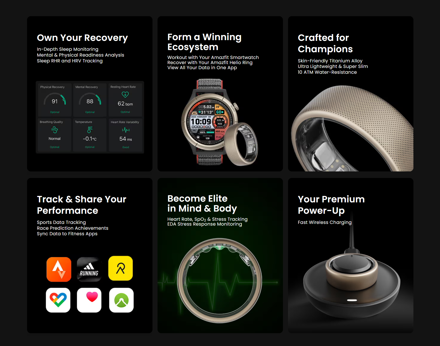 Amazfit Helio Ring: Own Your Recovery, Achieve More Amazfit Helio Ring is an advanced smart ring meticulously designed for elite athletes, with a primary focus on optimizing recovery to enhance overall performance. This ultra-lightweight and slim device seamlessly integrates with Amazfit smartwatches and the Zepp App, providing comprehensive health and fitness tracking to help you unlock your full potential.