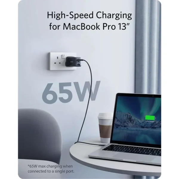 Power up to three devices at once with the Anker Powerport 65W 3in1 USB-C-Charger. This ultra-compact GaN II charger delivers a powerful 65W output, making it the only charger you need for your phone, tablet, and USB-C notebook.
