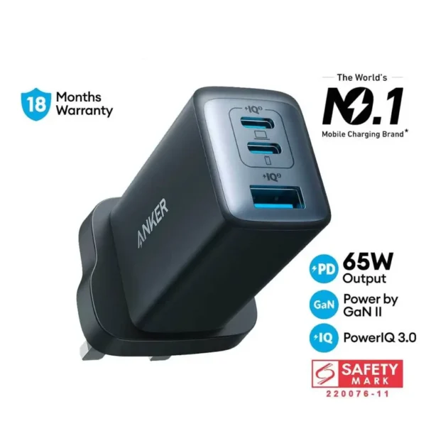 Power up to three devices at once with the Anker Powerport 65W 3in1 USB-C-Charger. This ultra-compact GaN II charger delivers a powerful 65W output, making it the only charger you need for your phone, tablet, and USB-C notebook.