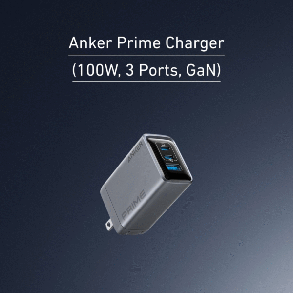 Experience powerful, high-speed charging on the go with the Anker Prime Charger (100W, 3 Ports, GaN). This ultra-compact charger features 2 USB-C ports, 1 USB-A port, and advanced GaN and ActiveShield 2.0 safety technology.