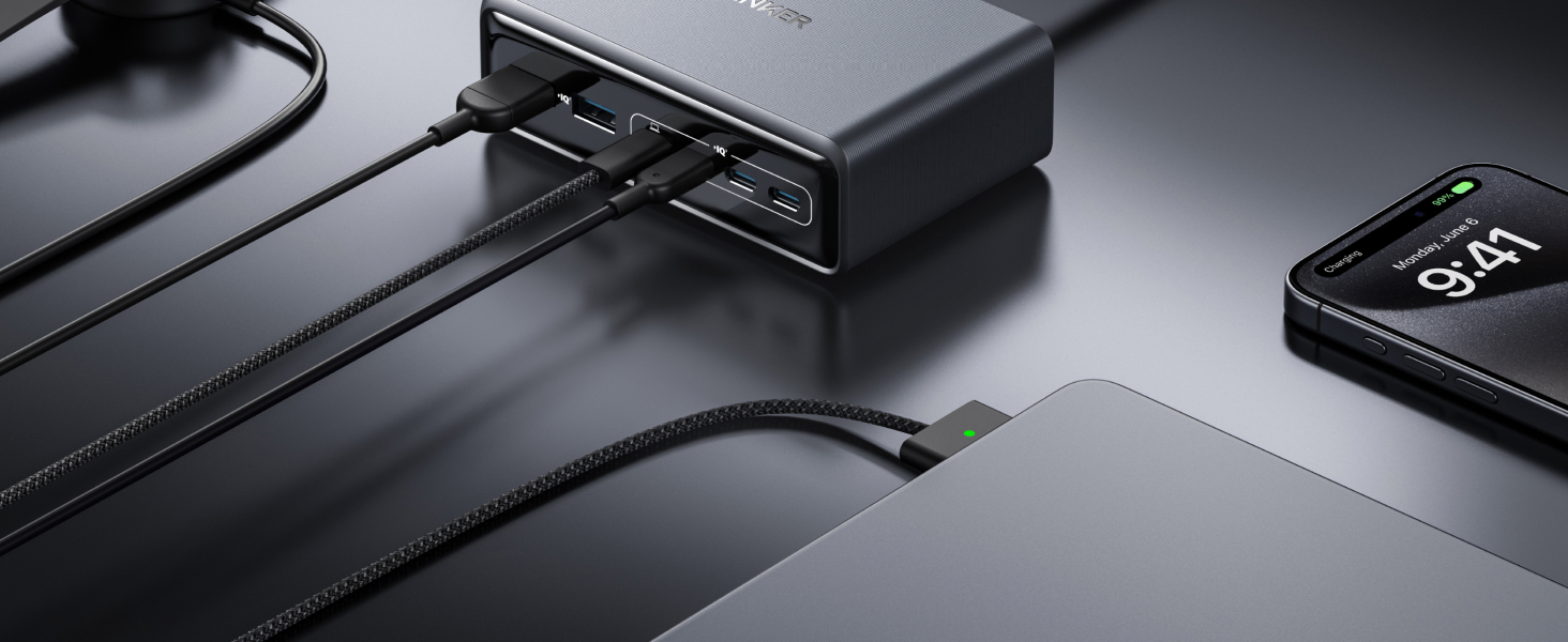 Supercharge your workspace with the Anker Prime Charger (200W, 6 Ports, GaN). This desktop charging station delivers a massive 200W total output, featuring 4 USB-C ports (up to 100W each) and 2 USB-A ports, all powered by advanced GaN technology.