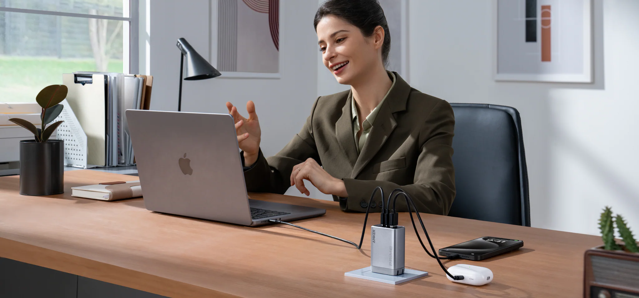 Experience powerful, high-speed charging on the go with the Anker Prime Charger (100W, 3 Ports, GaN). This ultra-compact charger features 2 USB-C ports, 1 USB-A port, and advanced GaN and ActiveShield 2.0 safety technology.