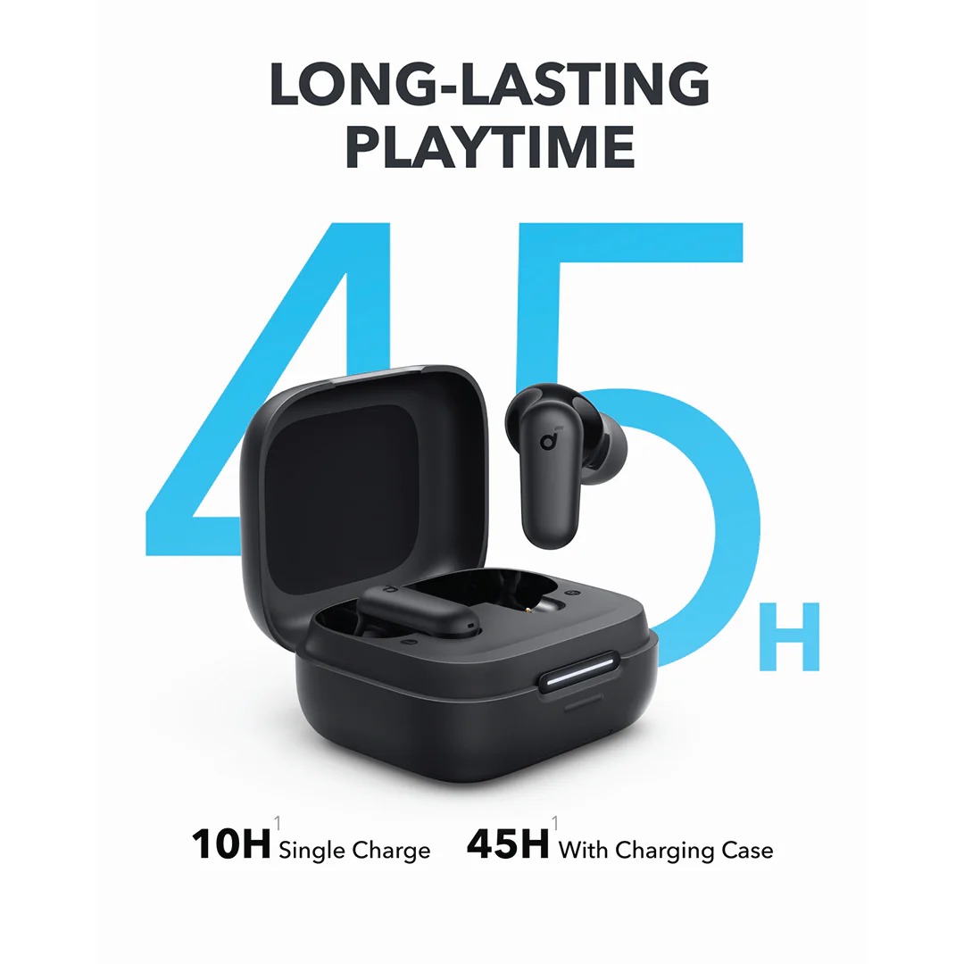 Anker Soundcore R50i NC earbuds. Features include 10mm drivers with BassUp technology, 45H playtime, AI-enhanced calls, and an innovative 2-in-1 charging case with phone stand.