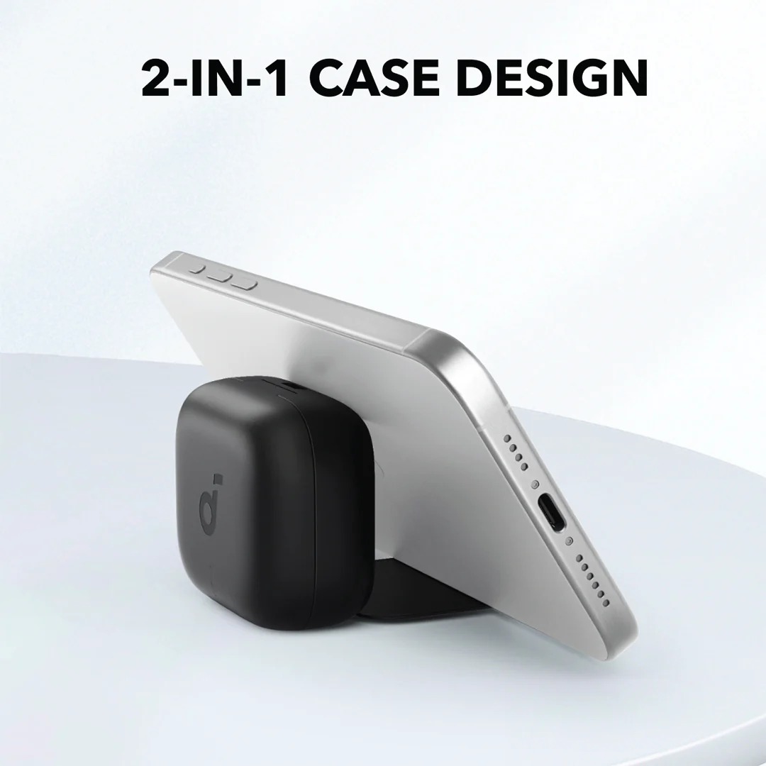 Anker Soundcore R50i NC earbuds. Features include 10mm drivers with BassUp technology, 45H playtime, AI-enhanced calls, and an innovative 2-in-1 charging case with phone stand.