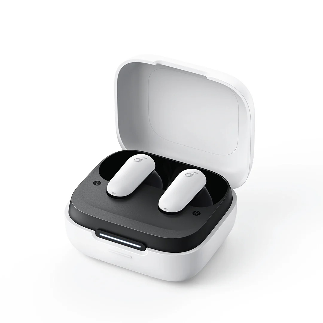 Anker Soundcore R50i NC earbuds. Features include 10mm drivers with BassUp technology, 45H playtime, AI-enhanced calls, and an innovative 2-in-1 charging case with phone stand.